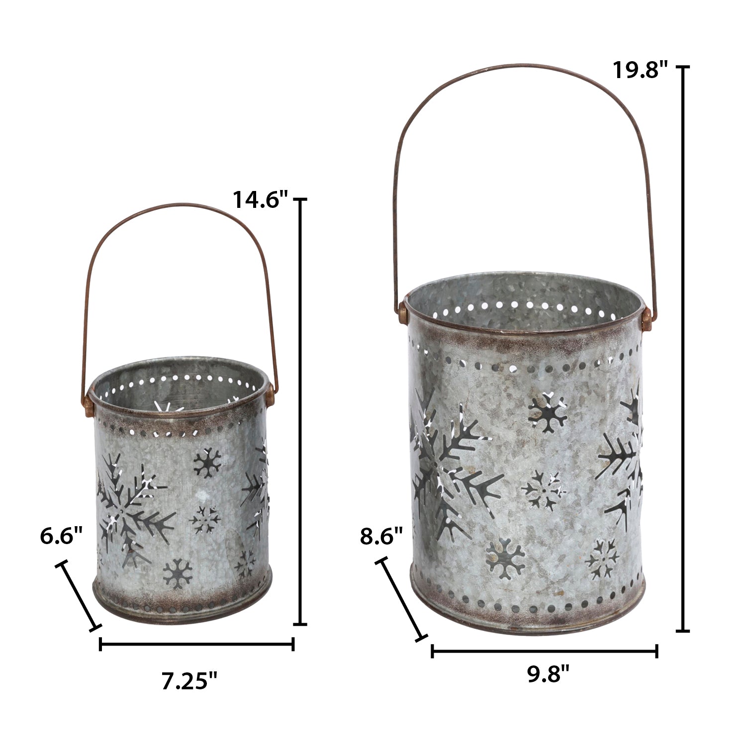 Set of 2 Nesting Metal Galvanized Snowflake Luminaries, Lg is 19.8-in H (including handle)